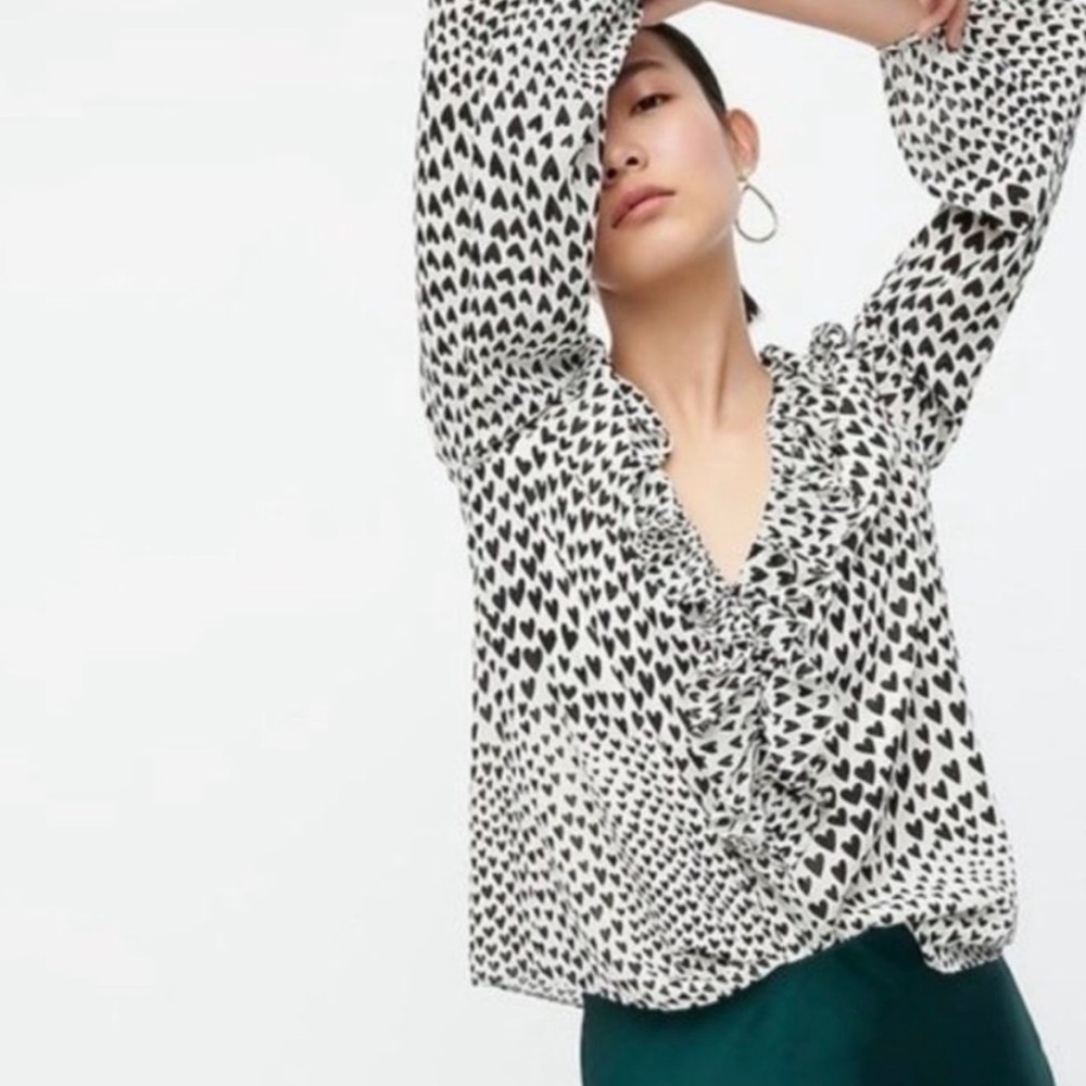 J.Crew Ruffle Trim V-Neck Heart Print Blouse SZ M